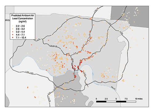A land use random forest (LURF) exposure assessment model was used to predict the concentration of lead in the air at study participants' homes in the Cincinnati area. The findings will allow further study on the effects of airborne lead on childhood health.